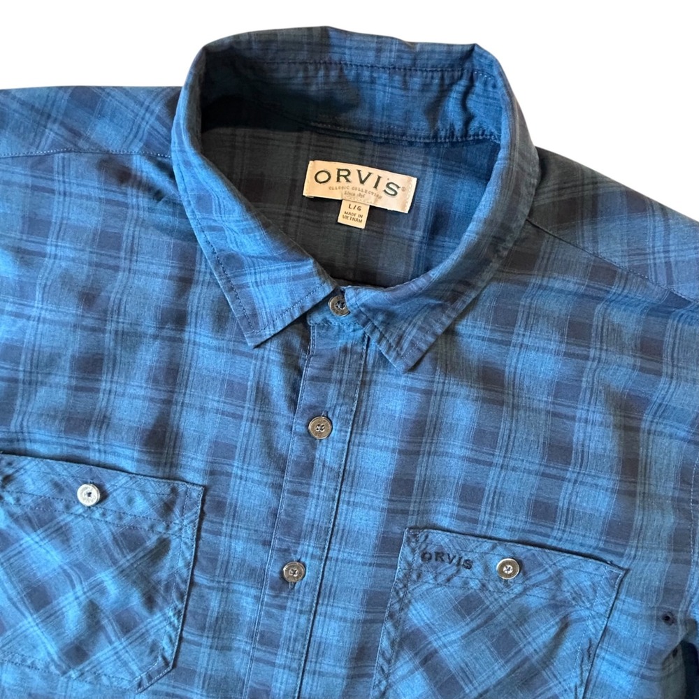 Orvis Mens Blue Plaid Short Sleeve Button Down Shirt Large Tech Utility Pockets